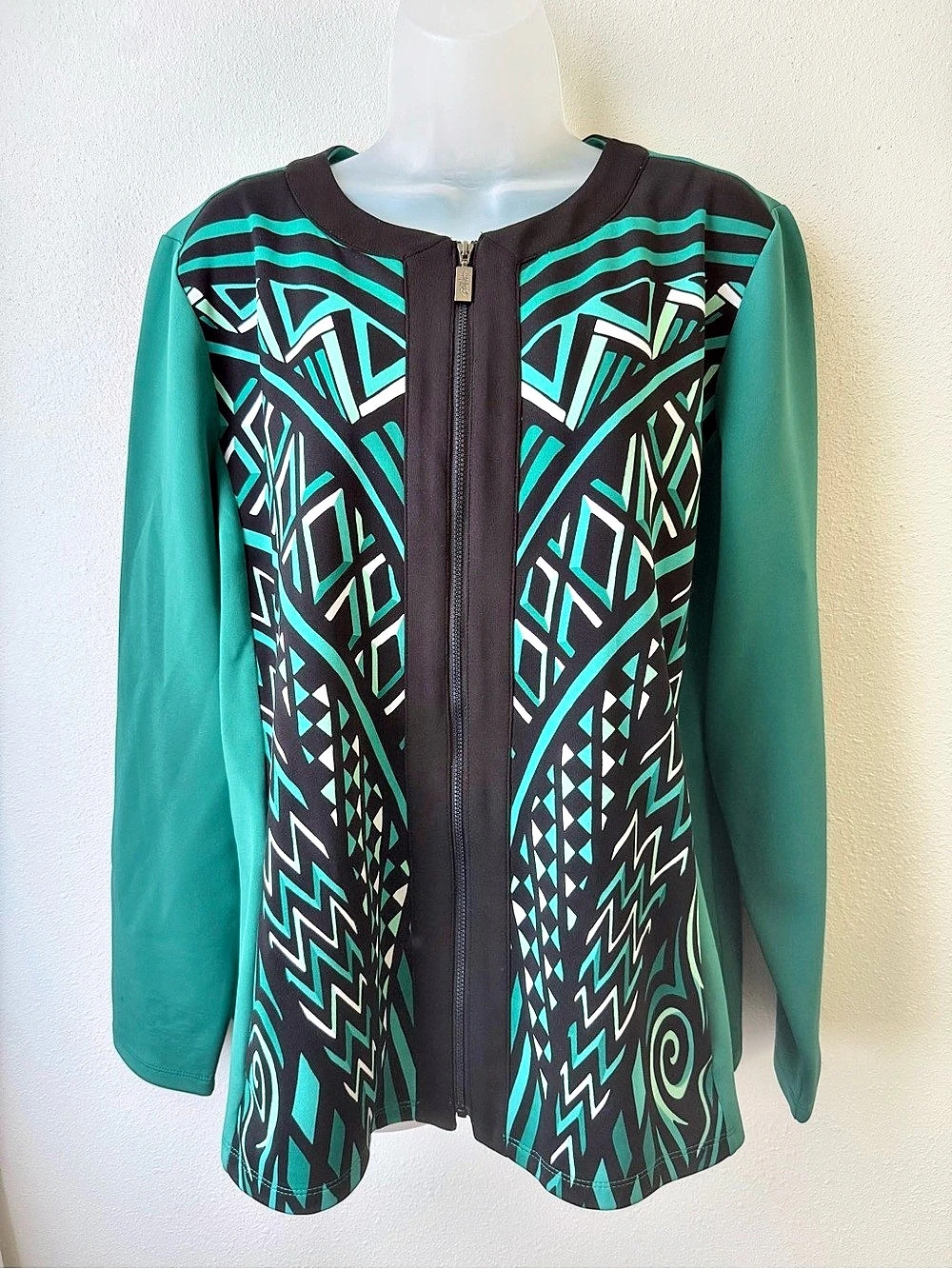 Bob Mackie Wearable Art XL Teal Geometric Zip Front Jacket Top
